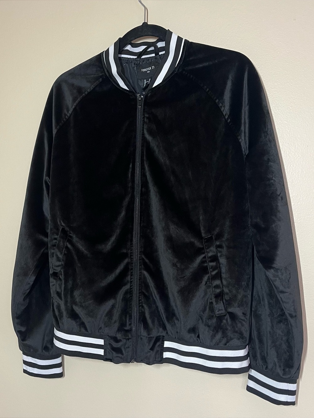 Forever 21 Black Velvet Bomber Jacket with Striped Trim M